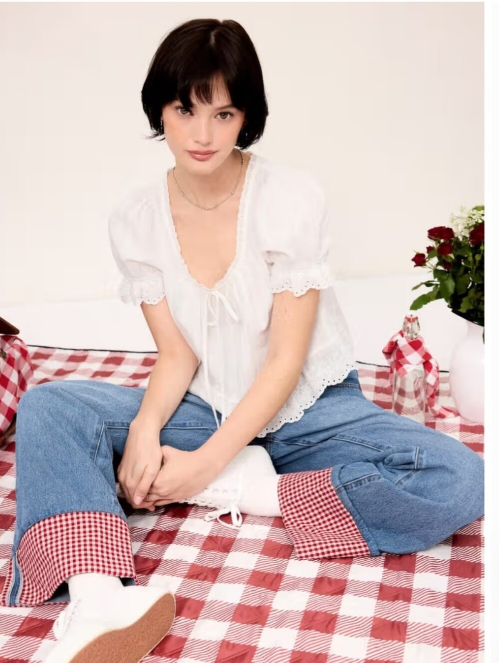 Cider White Lace-Trim Tie-Up Square Neck Puff Sleeve Blouse